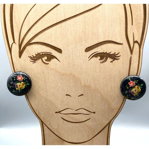 West Germany Retro Floral Earrings, Black Plastic Clip On with Omega Backs - Picture 1 of 6